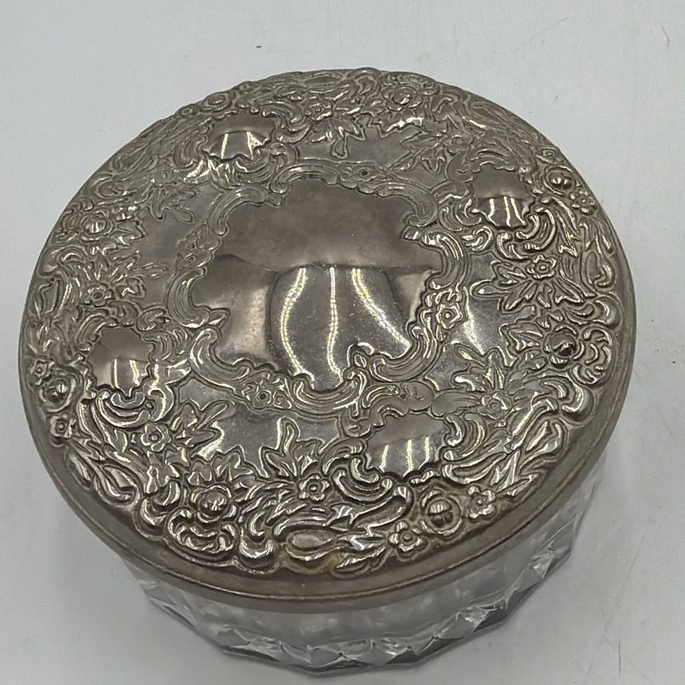 Vintage Vanity Powder Dresser Jar Round Glass Silver Plated Jewelry Trinket Box